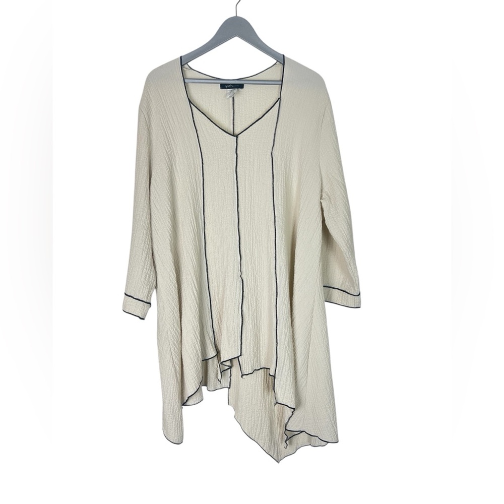 Yushi tunic XXL asymmetrical hem Lagenlook Artsy cream gauzy fabric‎ with black